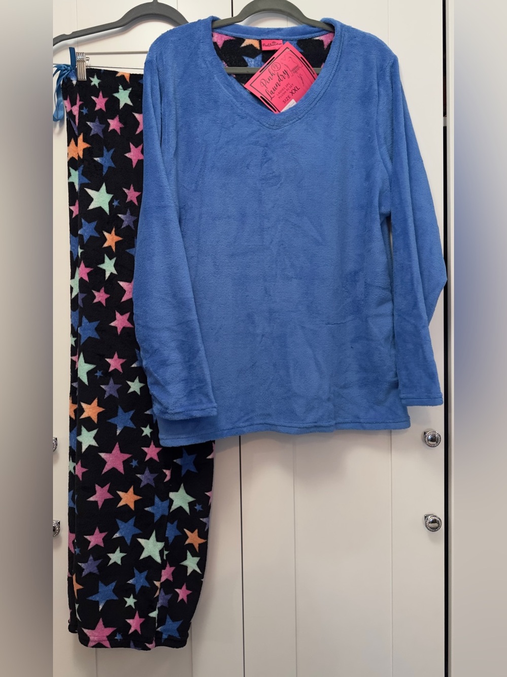 Fleece Pajama Set Blue Top with Multicolor Star-Print Pants Sz XXL NEW!